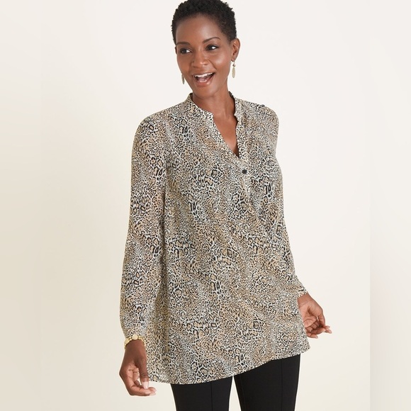 Chicos Convertible Cheetah Print Shirt Size Large Relaxed Lightweight Button Up - Picture 1 of 6